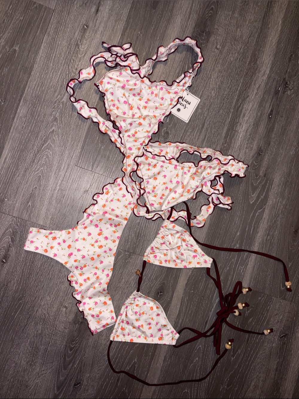 Kulani Kinis Pink Floral Ruffle Bikini 3 piece Set with Dark Trim